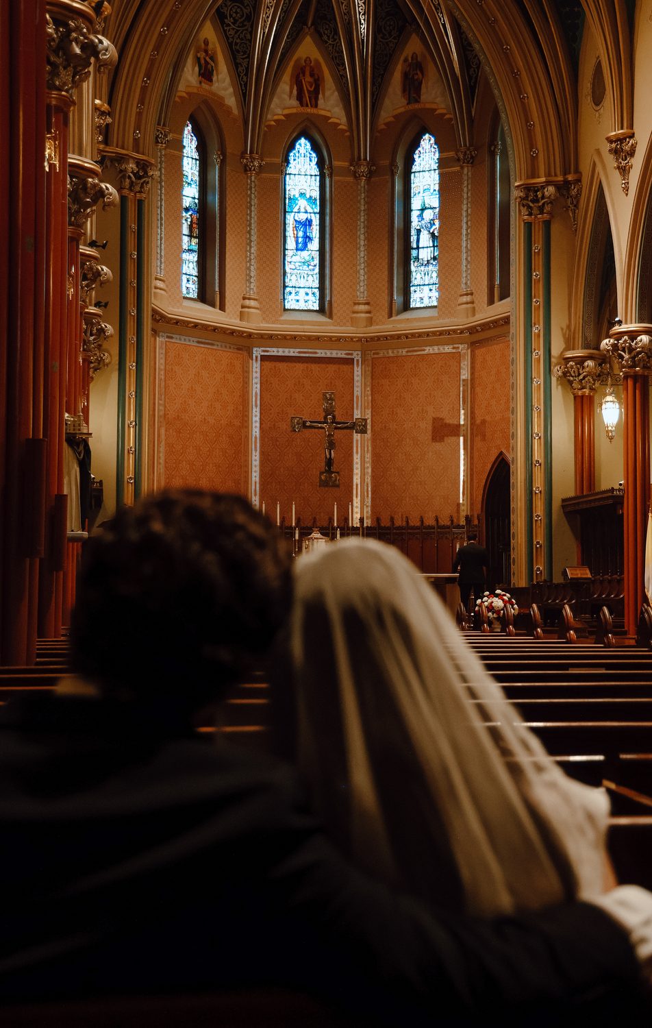 A bride in church light, black and white
