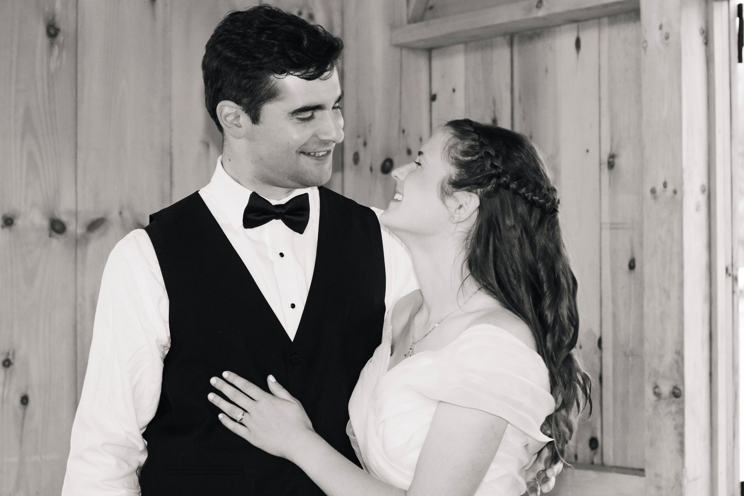 A couple in a quiet embrace, in black and white
